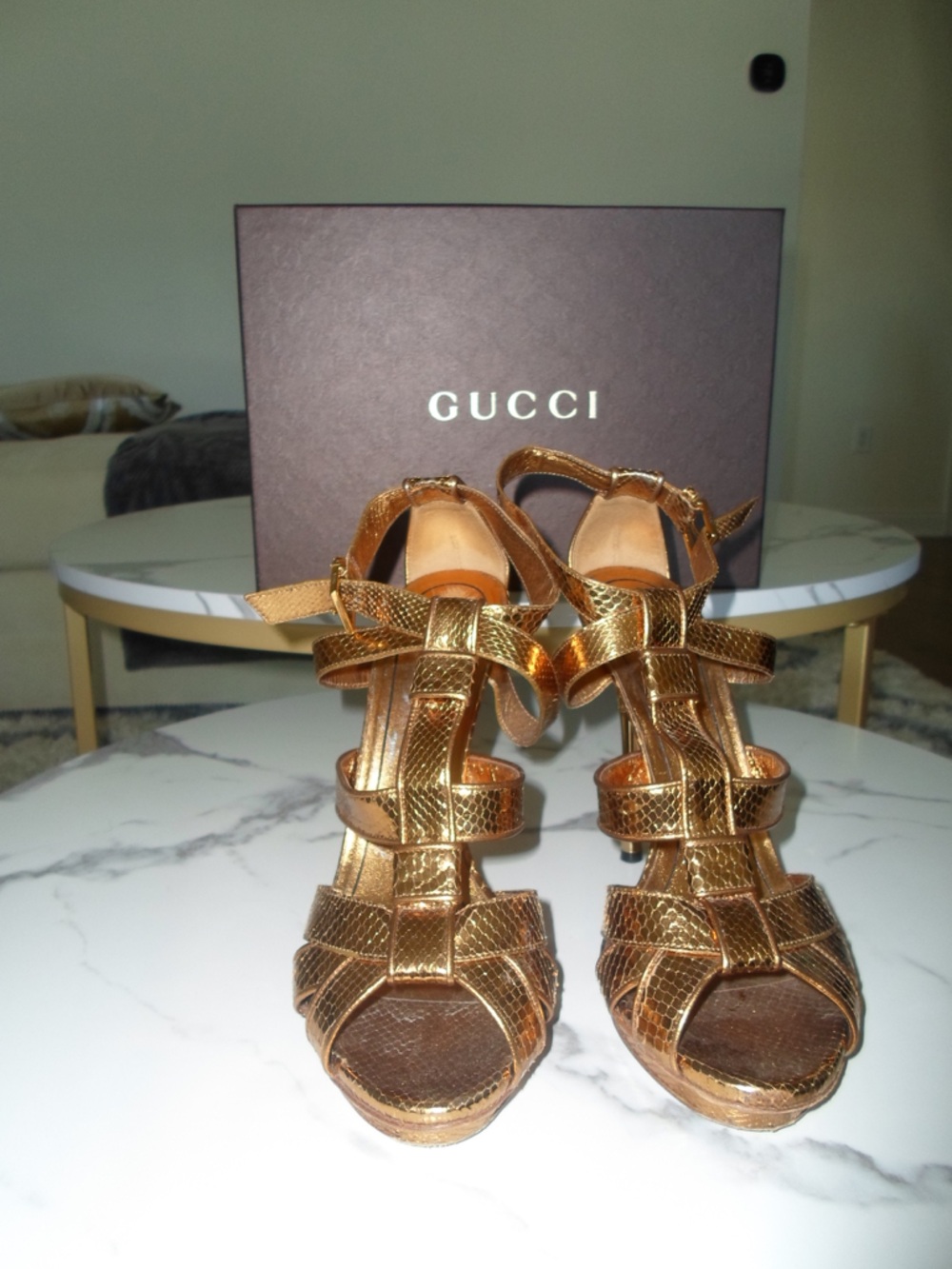 Gucci Gold Woven Snake-Embossed High Heels